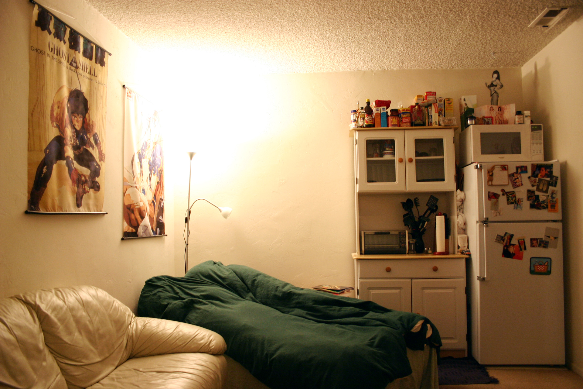 The bedroom and kitchen