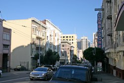 Looking down Sutter Street at the Hotel Commodore