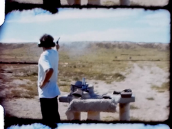 Greg, Robert, Dad shoot guns in New Mexico, family, Grand Canyon (8 mm, 3 inch reel)