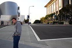 Cody greeting people in front of the Disney Concert Hall