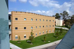 Looking at the Music and Media Building from the bridge